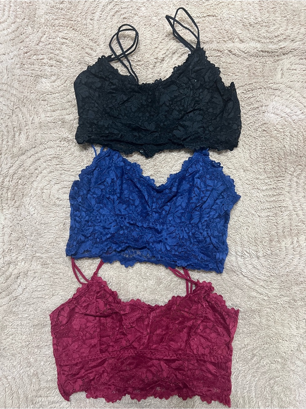 Women’s Lace Bralette Trio - Black, Royal Blue & Burgundy